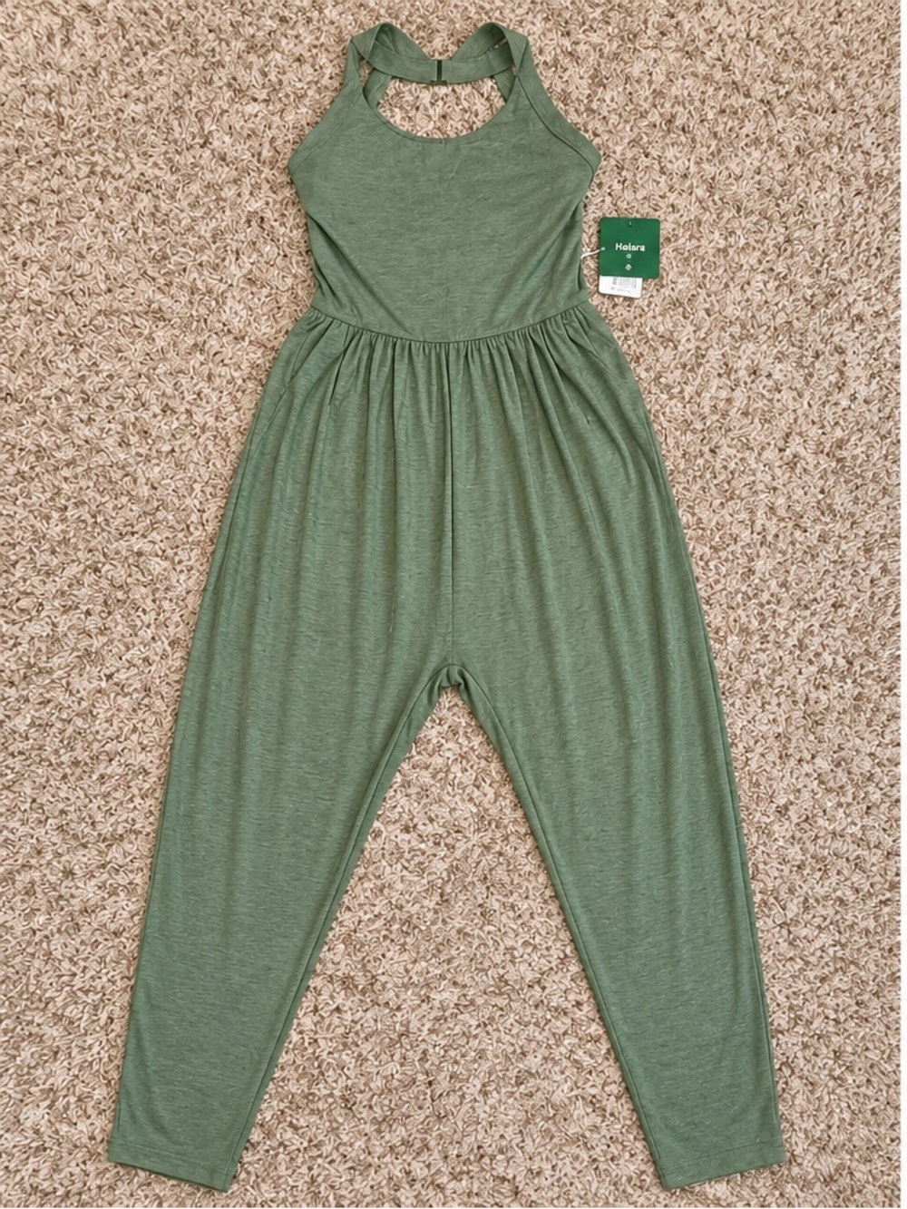 NWT Halara Easy Peezy Harem Jumpsuit M Regular Sage Green Twist Back Pockets